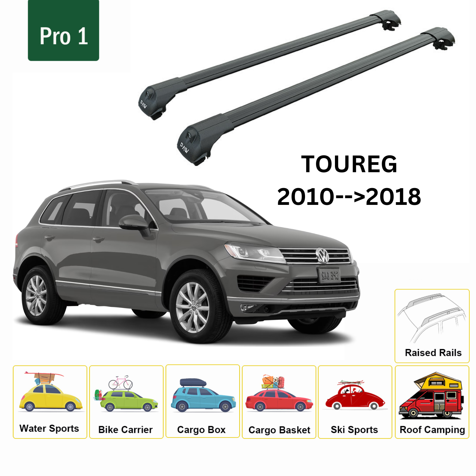 For Volkswagen Toureg 2010-->2018 Roof Rack System, Aluminium Cross Bar, Metal Bracket, Raised Rail, Black For Volkswagen Toureg 2010-->2018 Roof Rack System, Aluminium Cross Bar, Metal Bracket, Raised Rail, Black